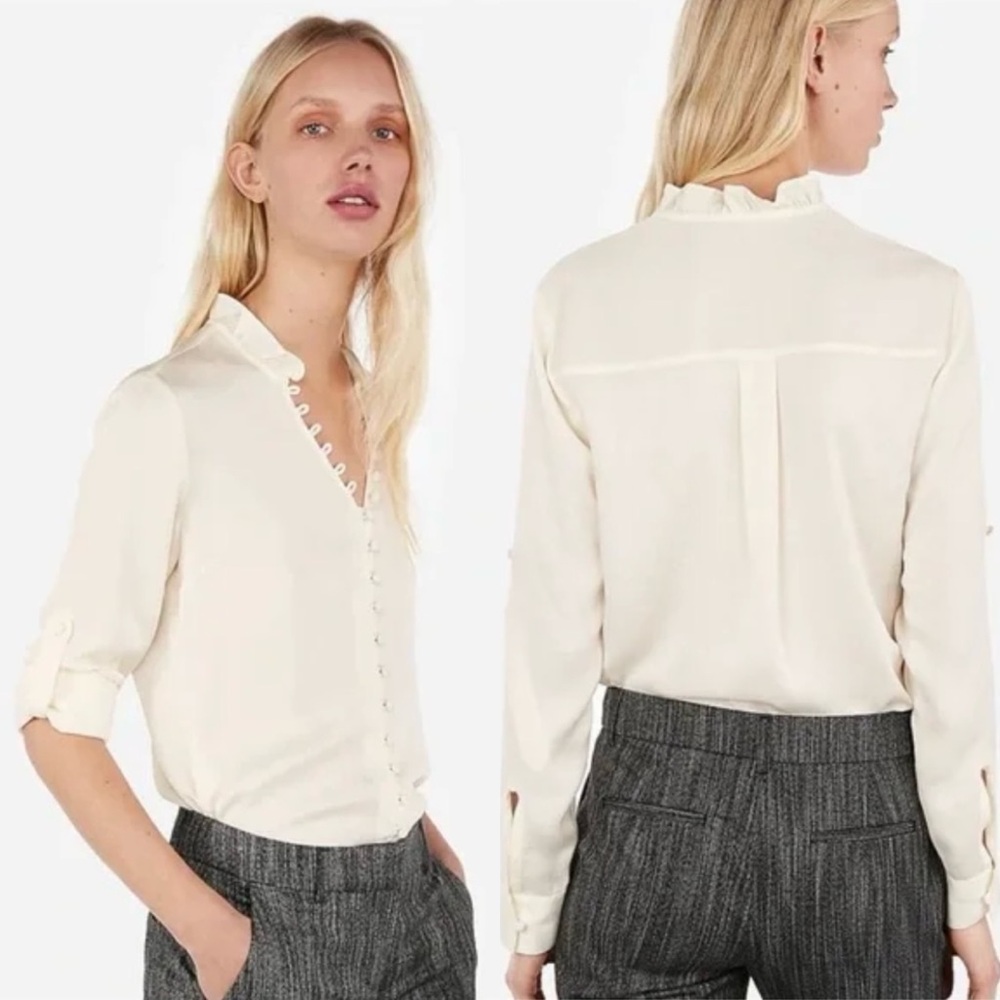 Express Slim Ruffle Neck Portofino Shirt Button Down Blouse Ivory Cream XS